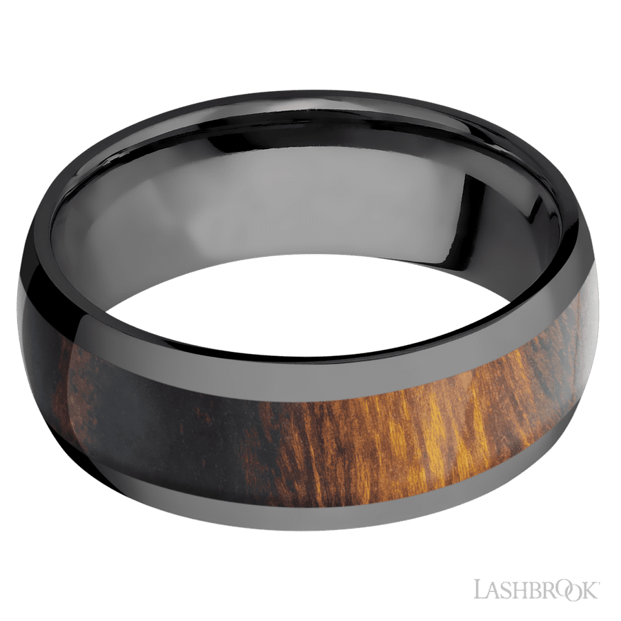 8 mm wide/Domed/Zirconium band with one 5 mm Centered inlay of Desert Iron Wood.