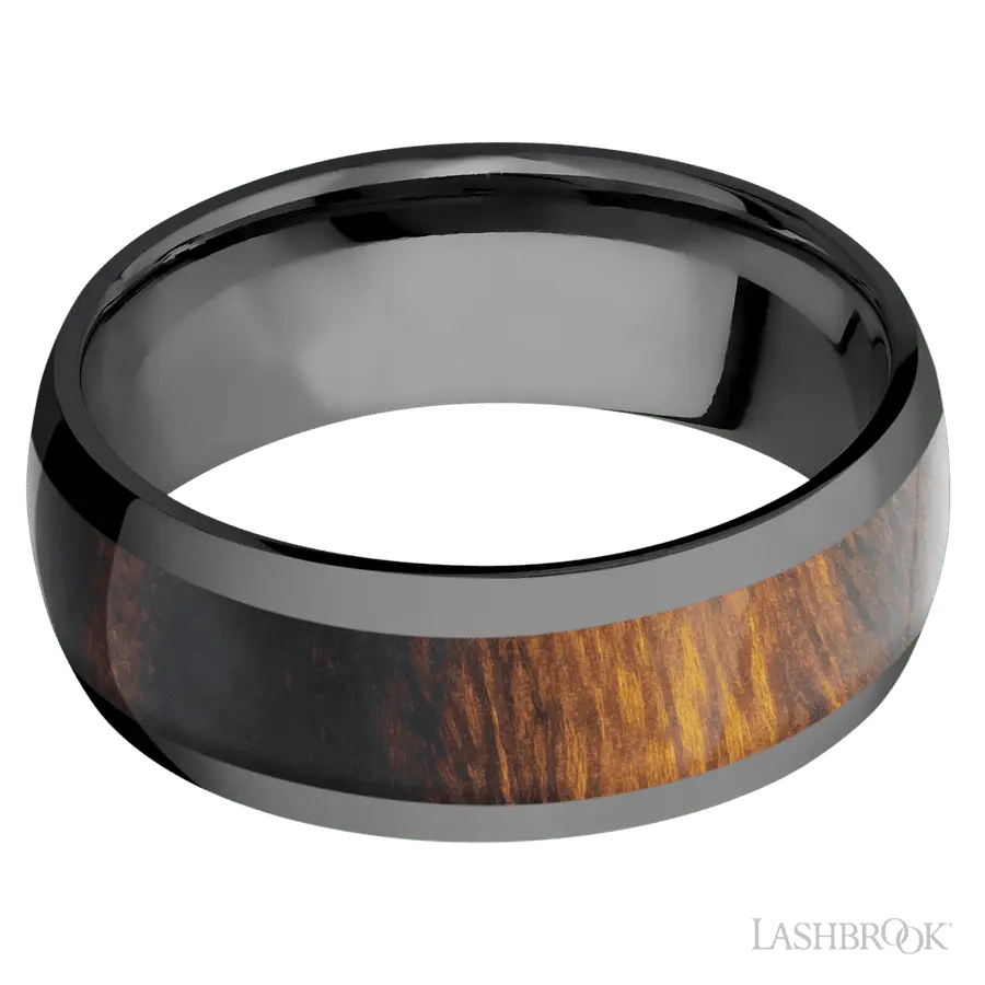 8 mm wide/Domed/Zirconium band with one 5 mm Centered inlay of Desert Iron Wood.