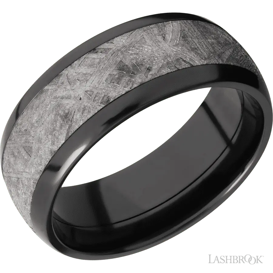 8 mm wide/Domed/Zirconium band with one 5 mm Centered inlay of Meteorite.