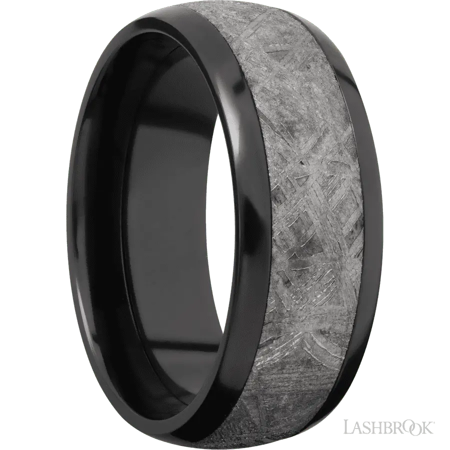 8 mm wide/Domed/Zirconium band with one 5 mm Centered inlay of Meteorite.