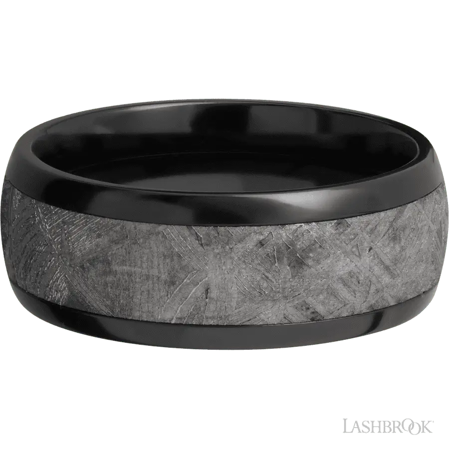 8 mm wide/Domed/Zirconium band with one 5 mm Centered inlay of Meteorite.