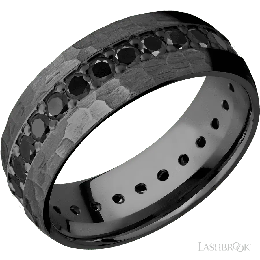 8 mm wide/Domed/Zirconium band with an Eternity arrangement of .05 carat Round Black Diamond stones in a Bead setting.