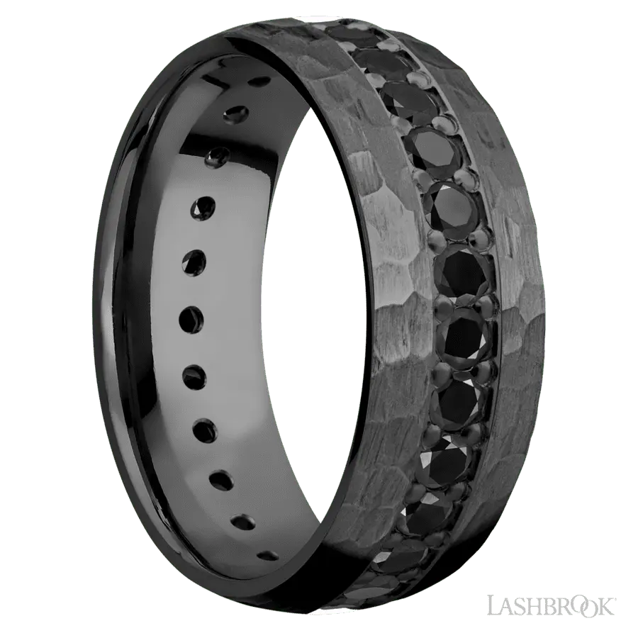 8 mm wide/Domed/Zirconium band with an Eternity arrangement of .05 carat Round Black Diamond stones in a Bead setting.