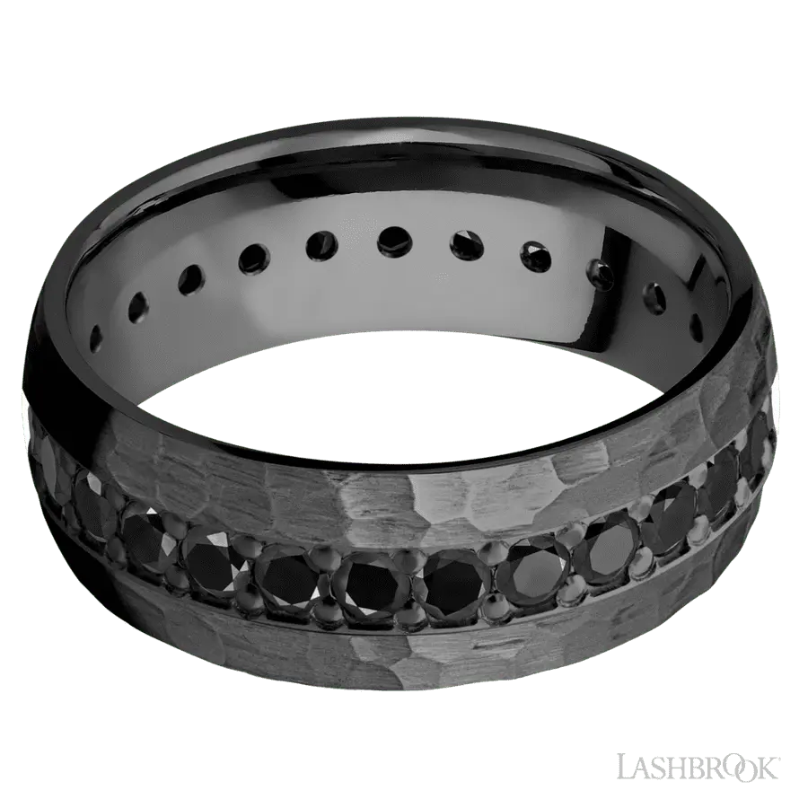 8 mm wide/Domed/Zirconium band with an Eternity arrangement of .05 carat Round Black Diamond stones in a Bead setting.