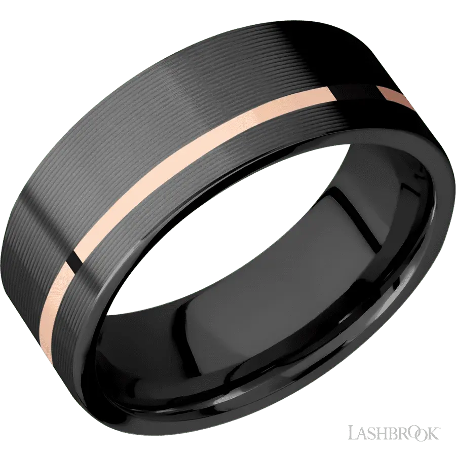 8 mm wide/Flat/Zirconium band with one 1 mm Off Center inlay of 14K Rose Gold.