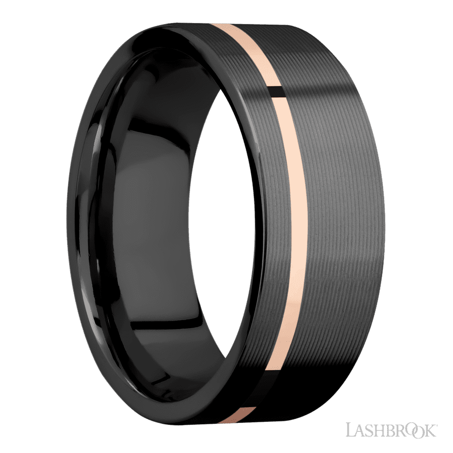 8 mm wide/Flat/Zirconium band with one 1 mm Off Center inlay of 14K Rose Gold.