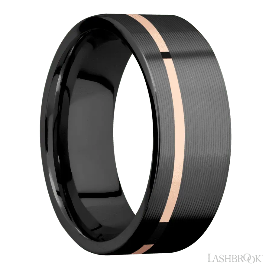 8 mm wide/Flat/Zirconium band with one 1 mm Off Center inlay of 14K Rose Gold.