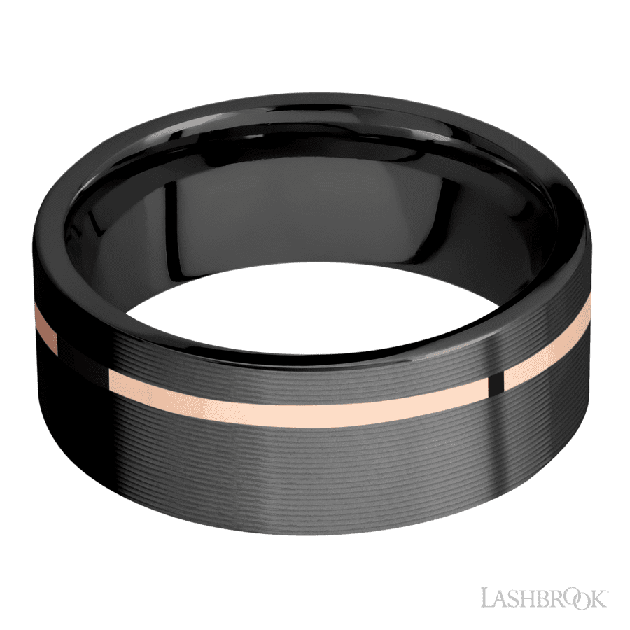 8 mm wide/Flat/Zirconium band with one 1 mm Off Center inlay of 14K Rose Gold.