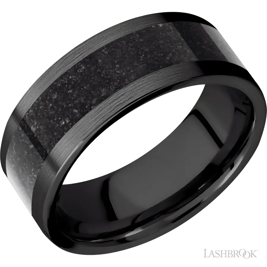 8 mm wide/Flat/Zirconium band with one 5 mm Centered inlay of Dinosaur Bone Black.