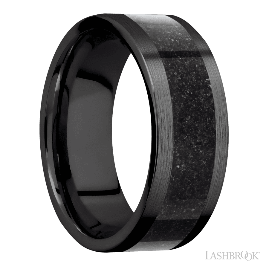 8 mm wide/Flat/Zirconium band with one 5 mm Centered inlay of Dinosaur Bone Black.