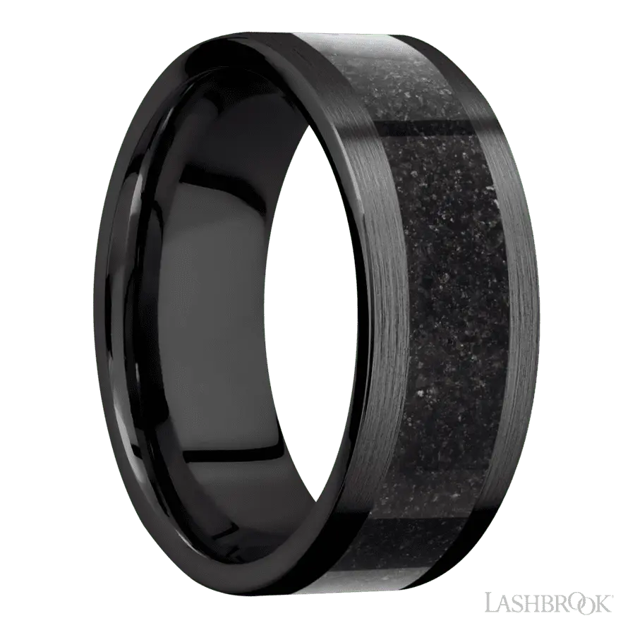8 mm wide/Flat/Zirconium band with one 5 mm Centered inlay of Dinosaur Bone Black.