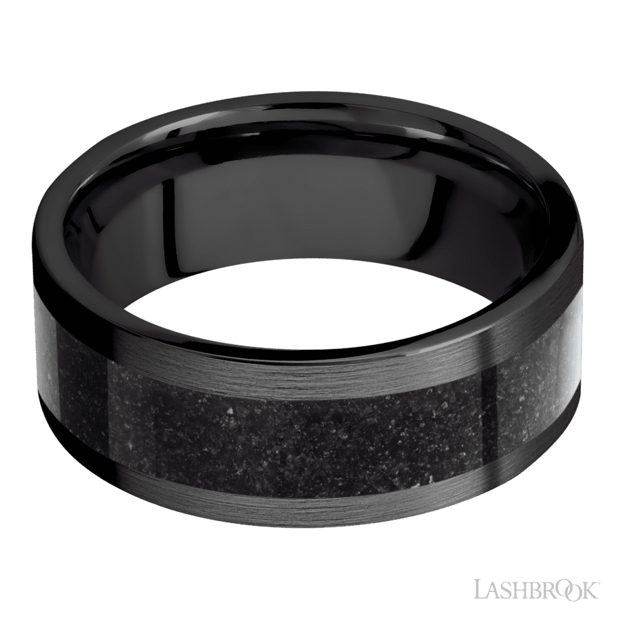 8 mm wide/Flat/Zirconium band with one 5 mm Centered inlay of Dinosaur Bone Black.