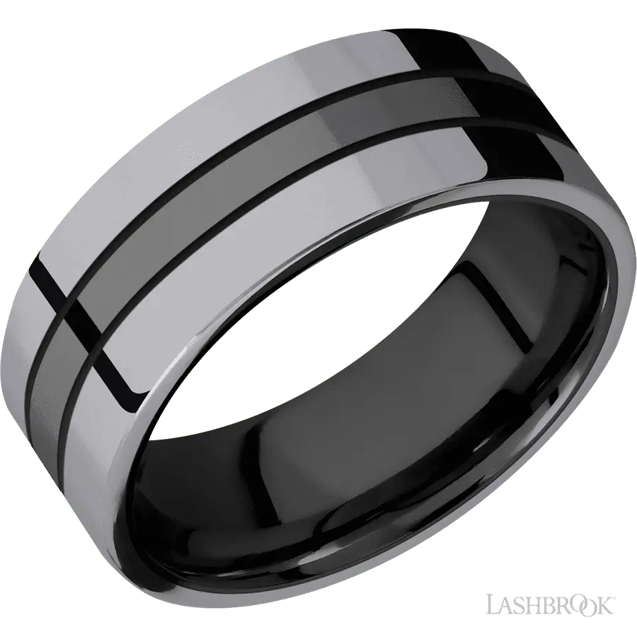 8 mm wide/Flat/Zirconium band with two 3 mm Double Off Center Edge inlays of Tantalum.