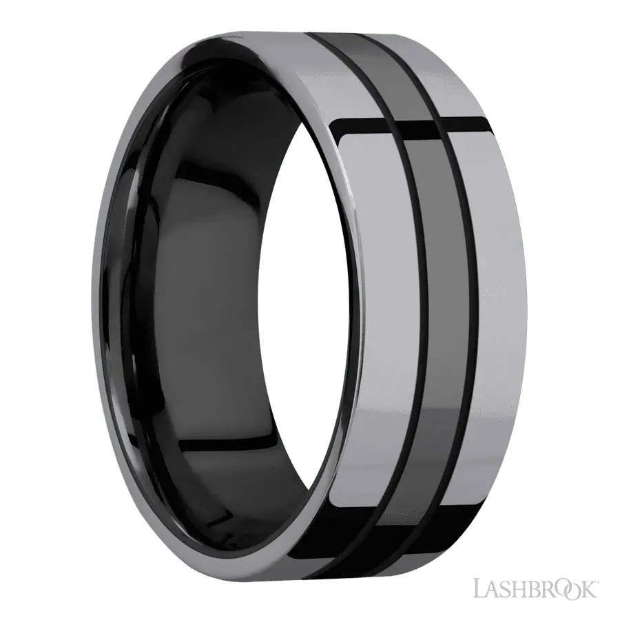 8 mm wide/Flat/Zirconium band with two 3 mm Double Off Center Edge inlays of Tantalum.