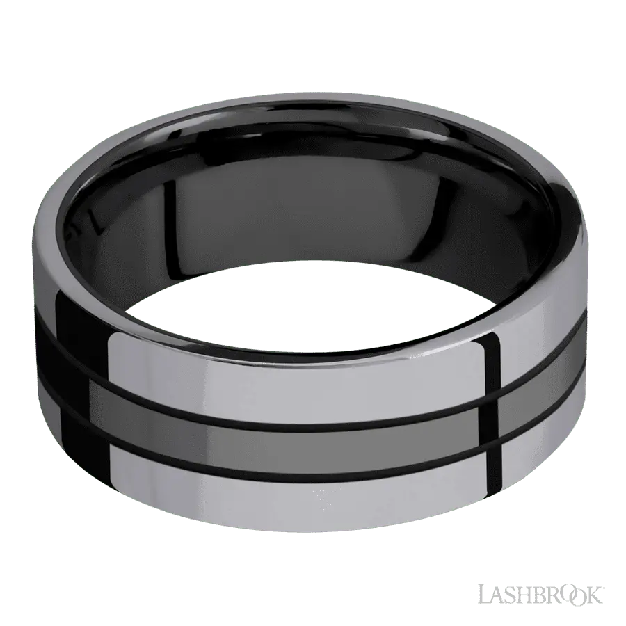 8 mm wide/Flat/Zirconium band with two 3 mm Double Off Center Edge inlays of Tantalum.