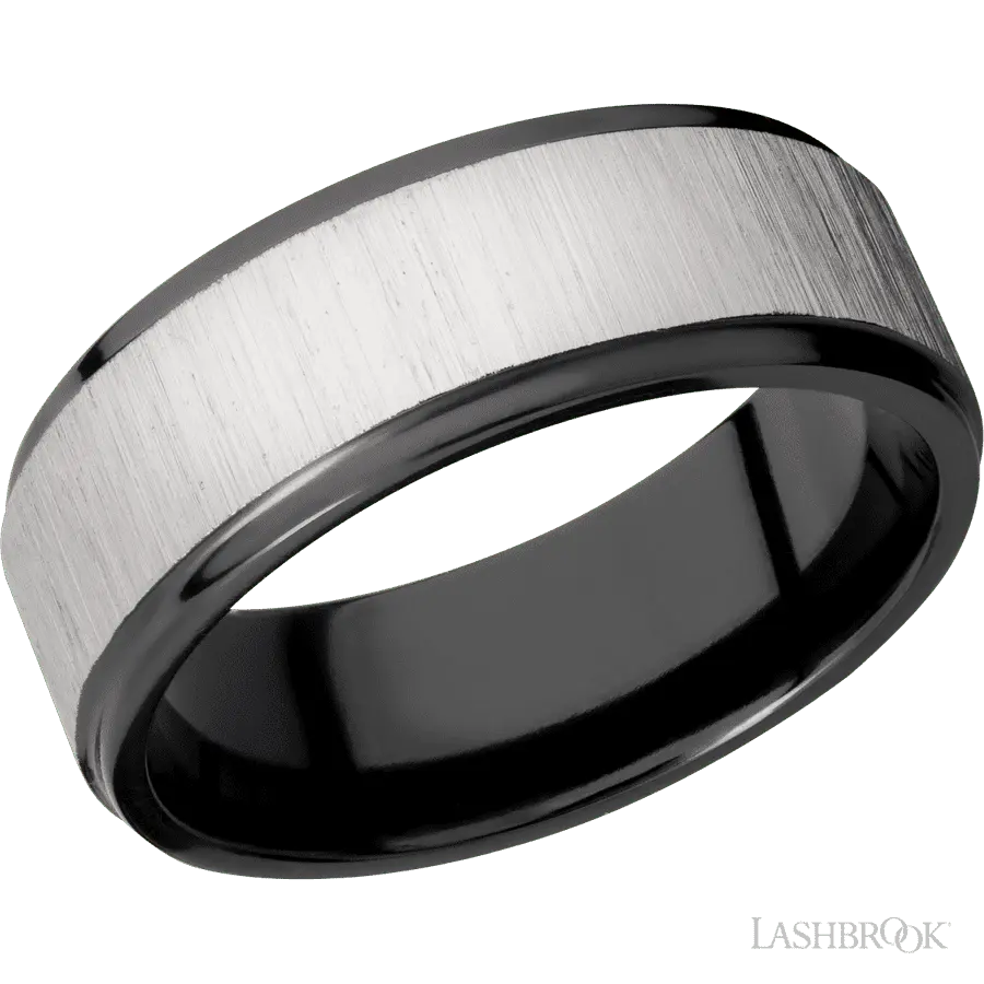 8 mm wide Flat Grooved Edges Zirconium band.
