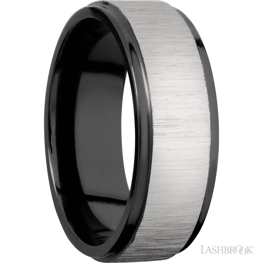 8 mm wide Flat Grooved Edges Zirconium band.