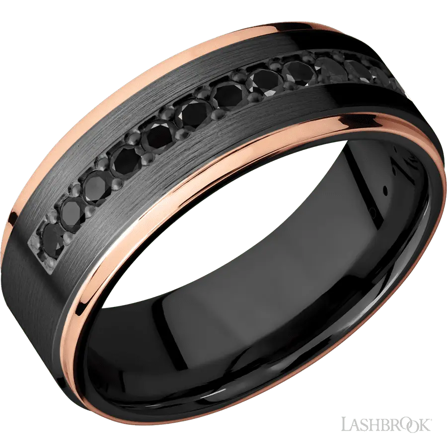 8 mm wide/Flat Grooved Edges/Zirconium band with a Half Eternity arrangement of .03 carat Round Black Diamond stones in a Bead setting and featuring two 1 mm Edge inlays of 14K Rose Gold