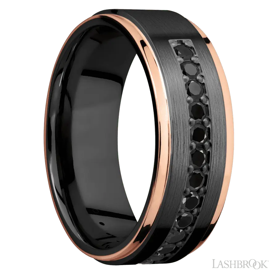 8 mm wide/Flat Grooved Edges/Zirconium band with a Half Eternity arrangement of .03 carat Round Black Diamond stones in a Bead setting and featuring two 1 mm Edge inlays of 14K Rose Gold