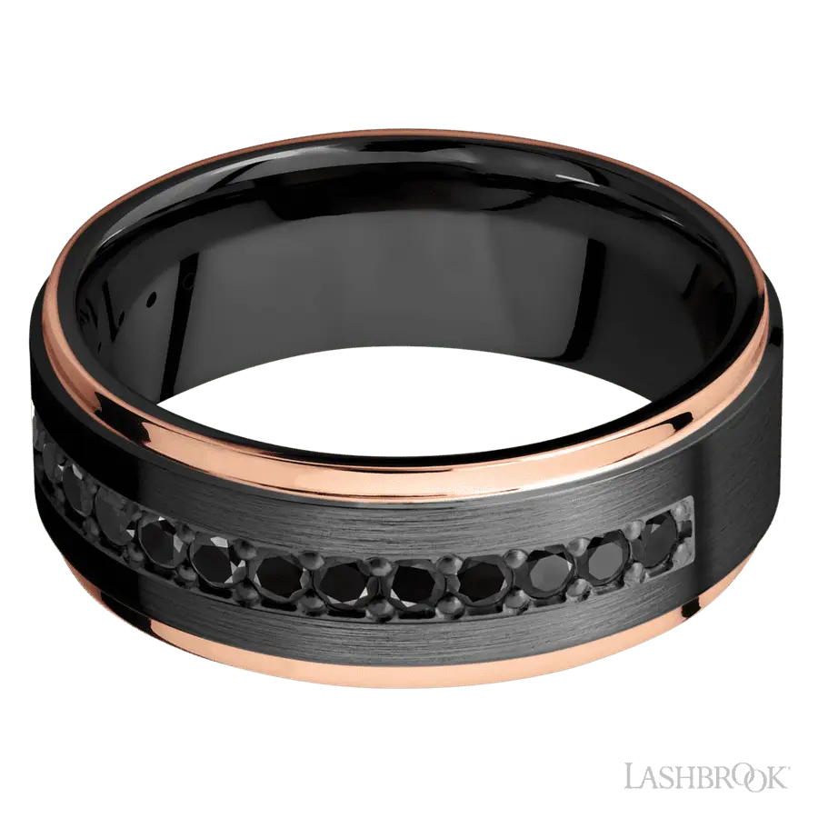 8 mm wide/Flat Grooved Edges/Zirconium band with a Half Eternity arrangement of .03 carat Round Black Diamond stones in a Bead setting and featuring two 1 mm Edge inlays of 14K Rose Gold