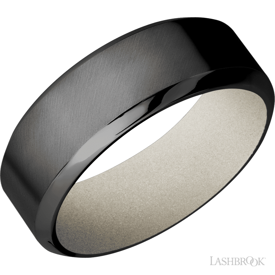 8 mm wide High Bevel Zirconium band featuring a Bright Nickel sleeve.