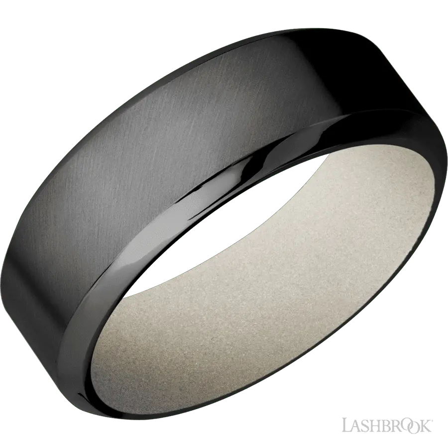 8 mm wide High Bevel Zirconium band featuring a Bright Nickel sleeve.