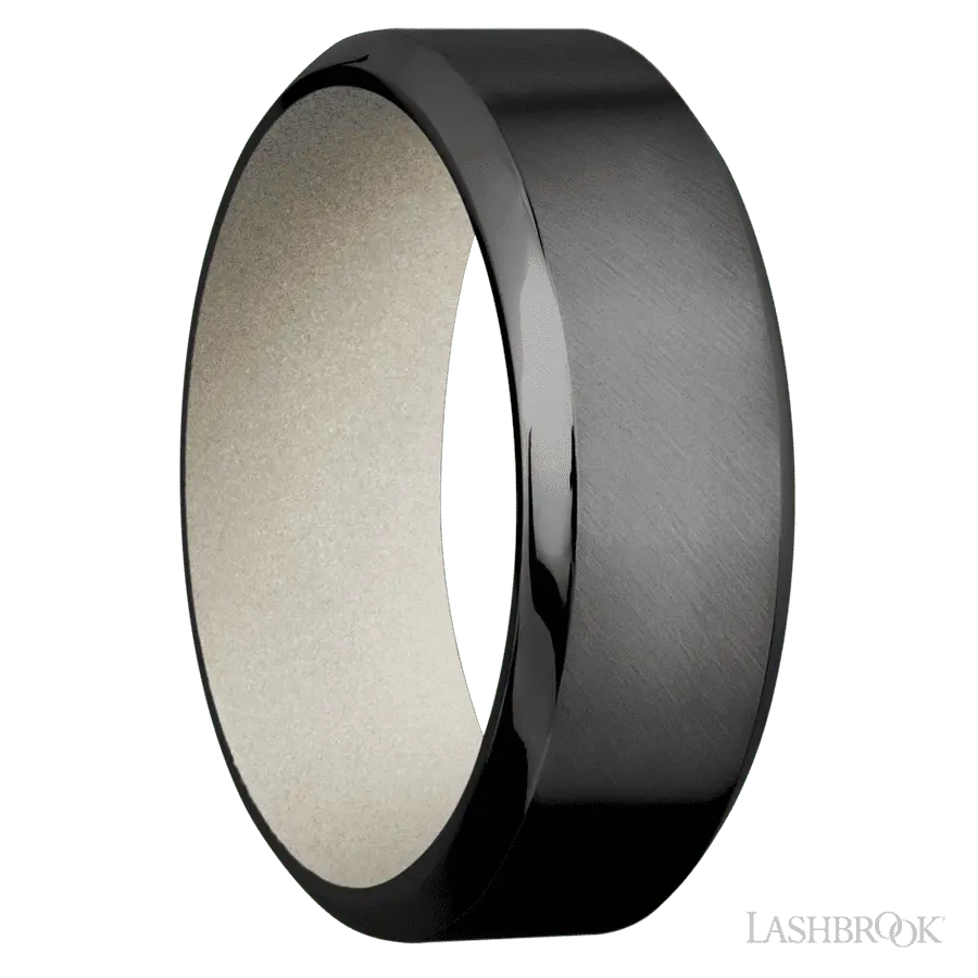 8 mm wide High Bevel Zirconium band featuring a Bright Nickel sleeve.