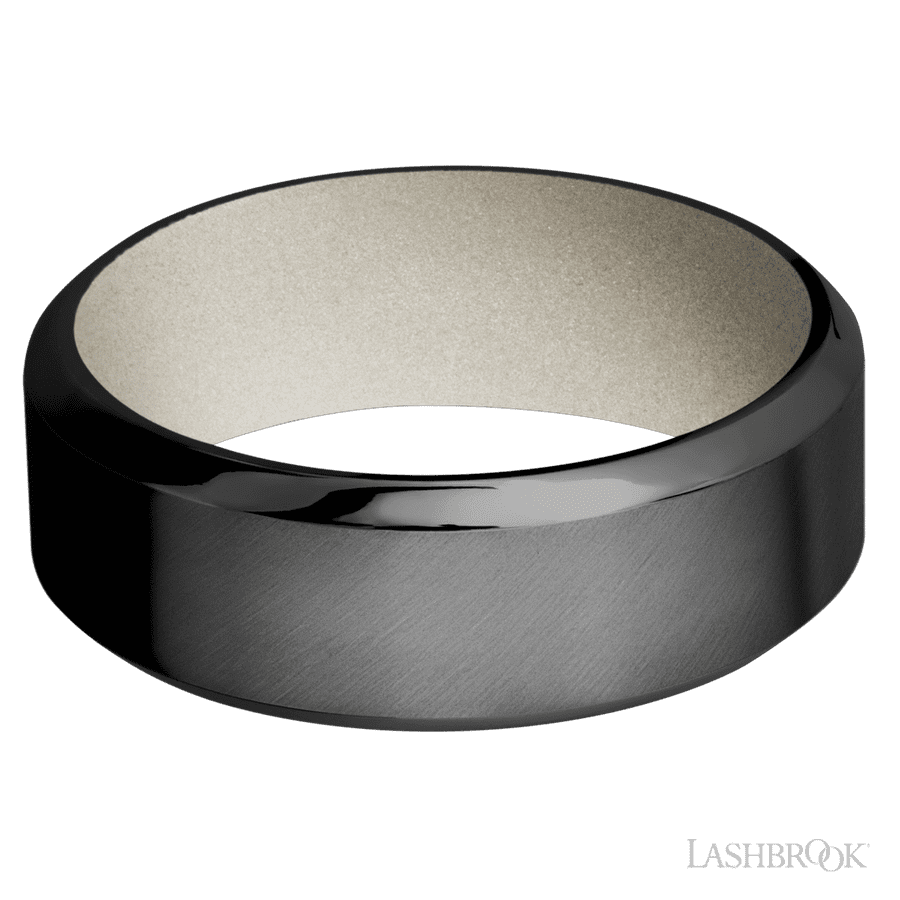 8 mm wide High Bevel Zirconium band featuring a Bright Nickel sleeve.