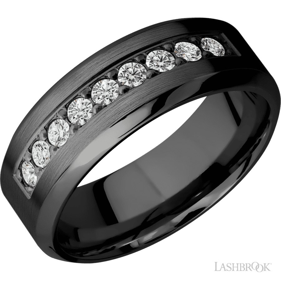 8 mm wide/High Bevel/Zirconium band with an arrangement of 9, .05 carat Round Diamond stones in a Bead setting.