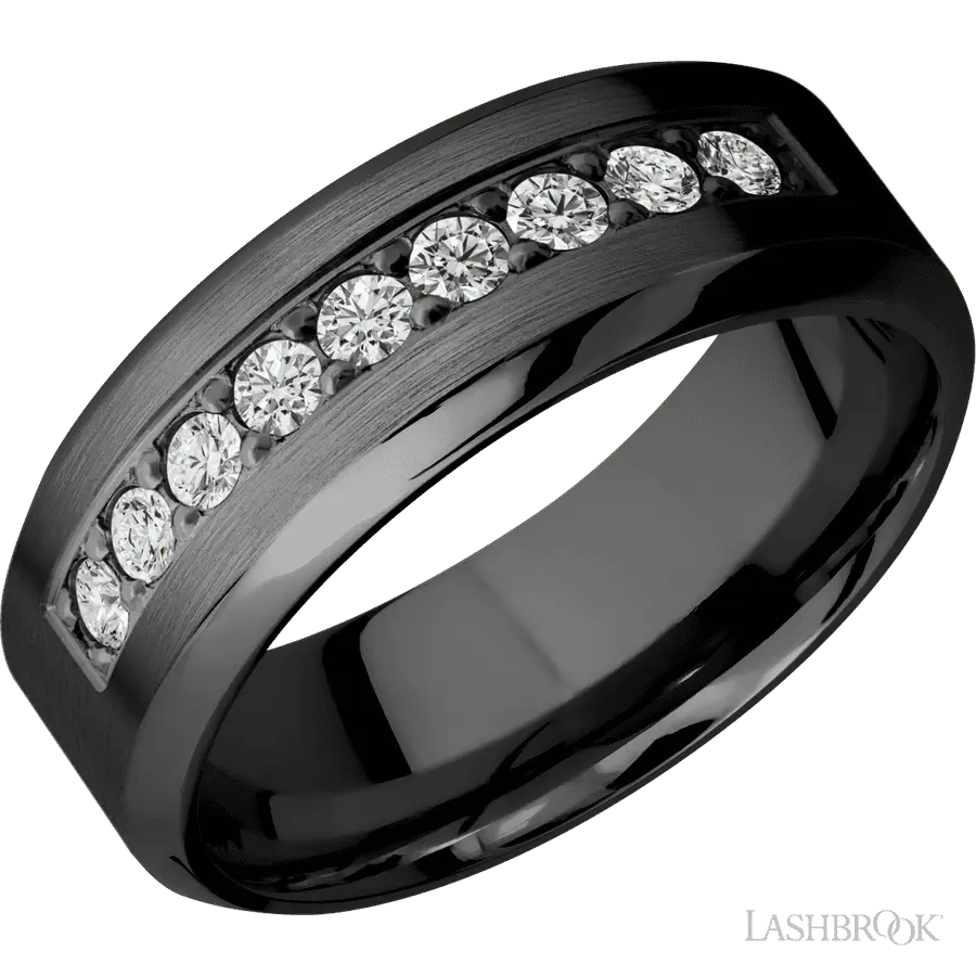 "8 mm wide/High Bevel/Zirconium band with an arrangement of 9, .05 carat Round Diamond stones in a Bead setting." in Zirconiu