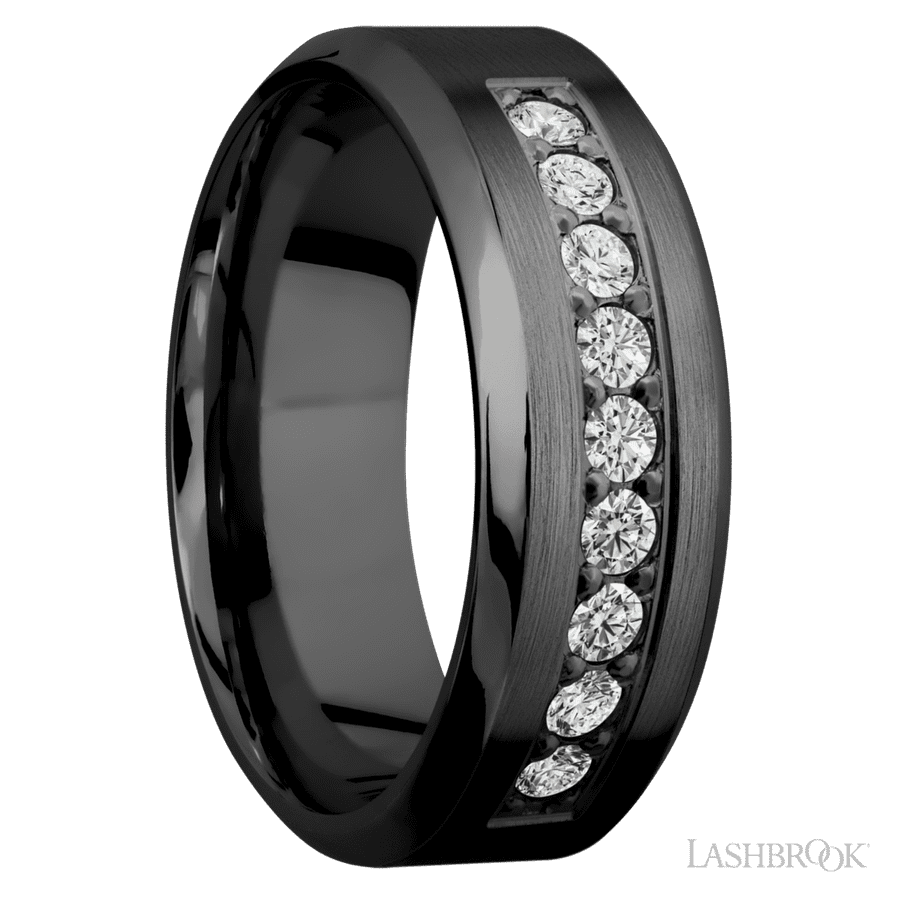 8 mm wide/High Bevel/Zirconium band with an arrangement of 9, .05 carat Round Diamond stones in a Bead setting.