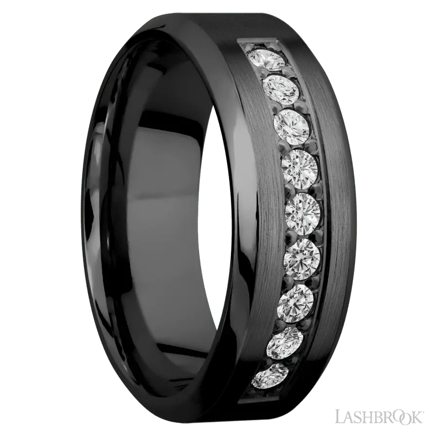 8 mm wide/High Bevel/Zirconium band with an arrangement of 9, .05 carat Round Diamond stones in a Bead setting.
