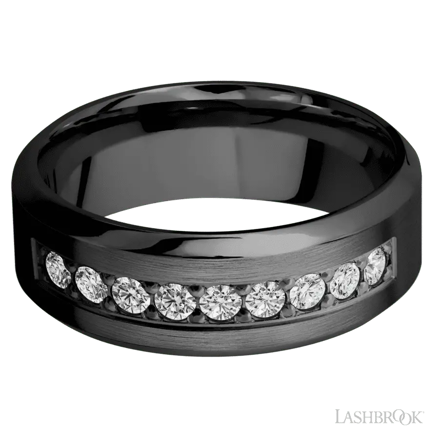 8 mm wide/High Bevel/Zirconium band with an arrangement of 9, .05 carat Round Diamond stones in a Bead setting.