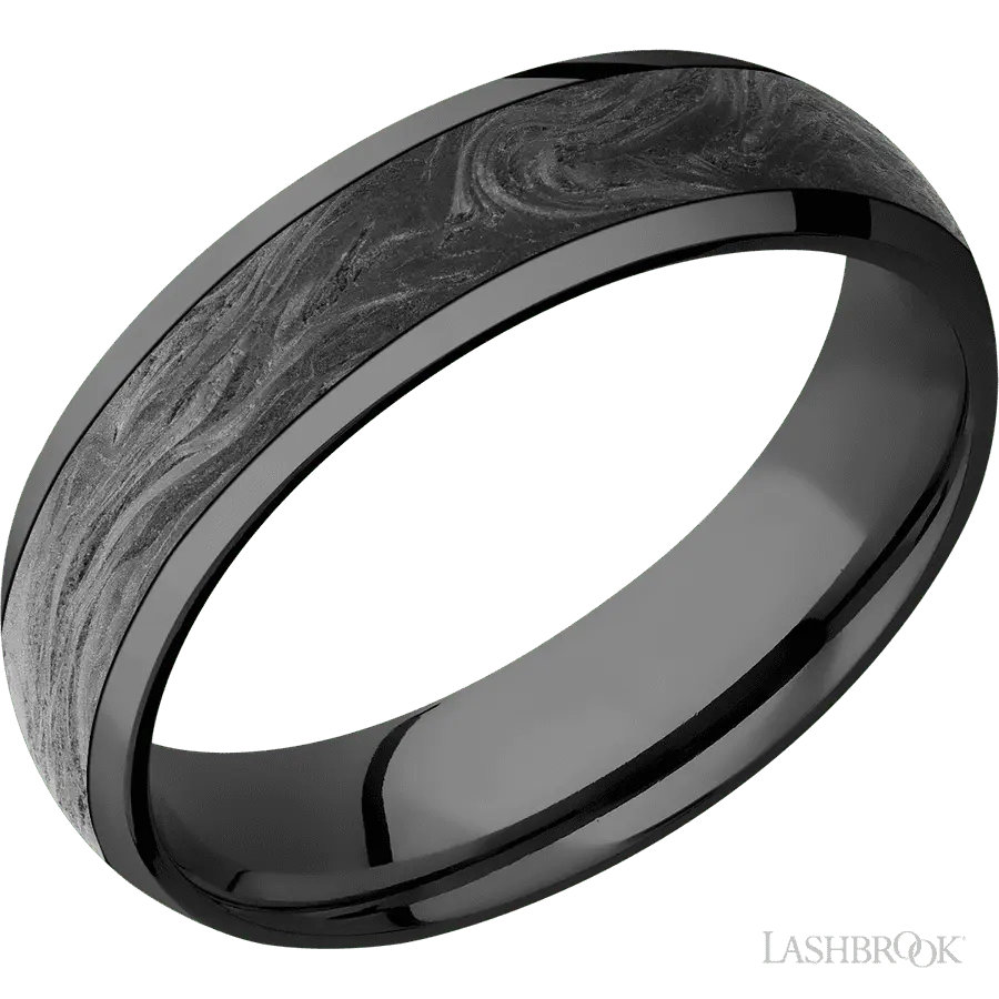 6 mm wide/Domed/Zirconium band with one 4 mm Centered inlay of Forged Carbon Fiber.