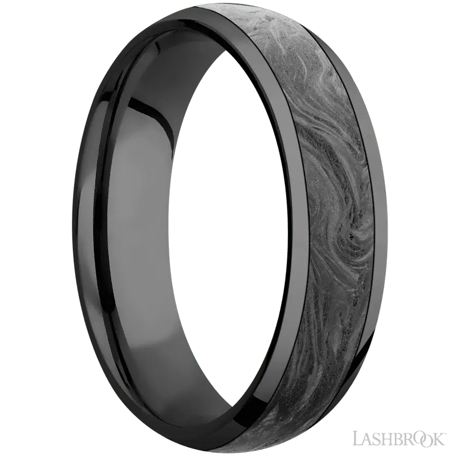 6 mm wide/Domed/Zirconium band with one 4 mm Centered inlay of Forged Carbon Fiber.