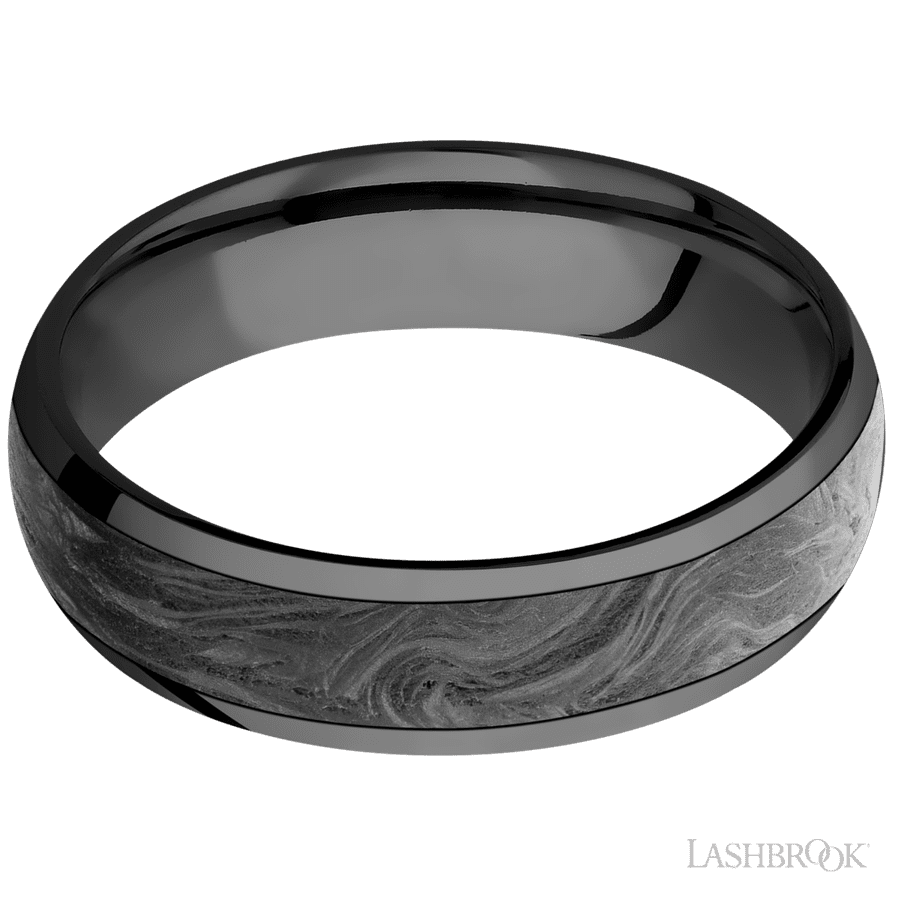 6 mm wide/Domed/Zirconium band with one 4 mm Centered inlay of Forged Carbon Fiber.