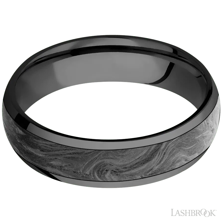 6 mm wide/Domed/Zirconium band with one 4 mm Centered inlay of Forged Carbon Fiber.