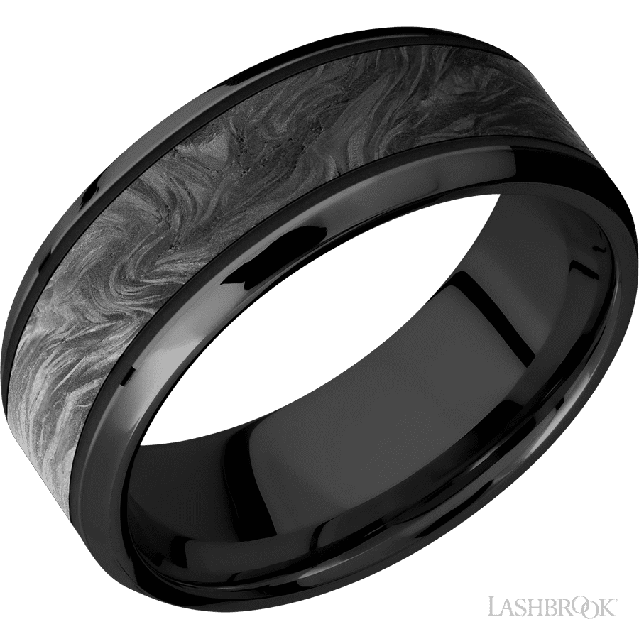 8 mm wide/Beveled/Zirconium band with one 5 mm Centered inlay of Forged Carbon Fiber.