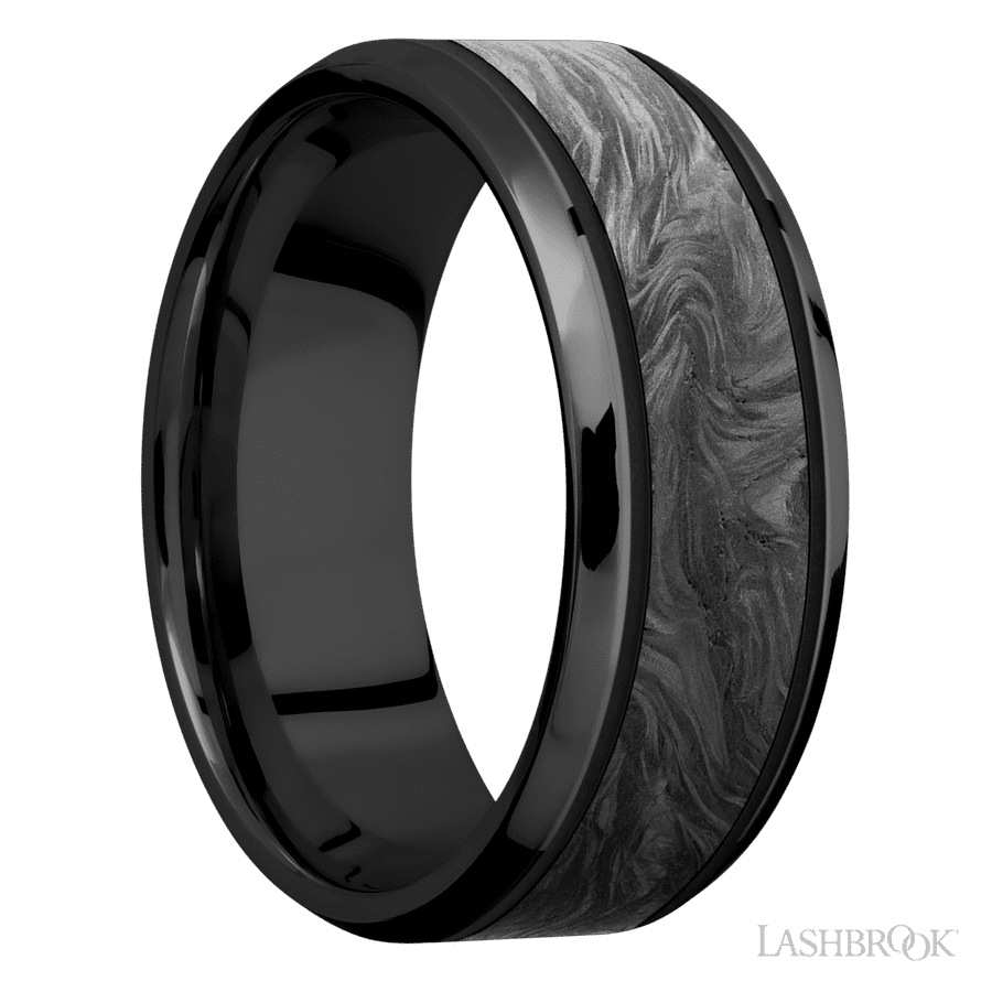 8 mm wide/Beveled/Zirconium band with one 5 mm Centered inlay of Forged Carbon Fiber.