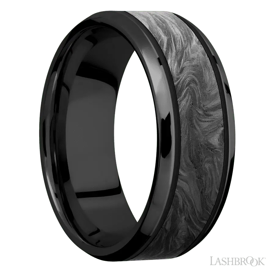 8 mm wide/Beveled/Zirconium band with one 5 mm Centered inlay of Forged Carbon Fiber.