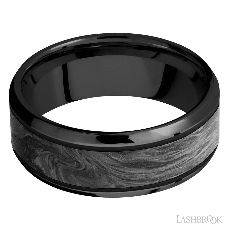 8 mm wide/Beveled/Zirconium band with one 5 mm Centered inlay of Forged Carbon Fiber.