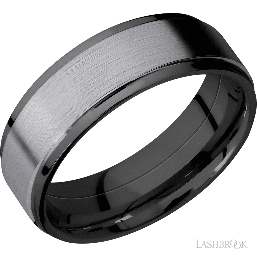 7 mm wide/Flat Grooved Edges/Zirconium band with one 5 mm Raised Centered inlay of Tantalum.