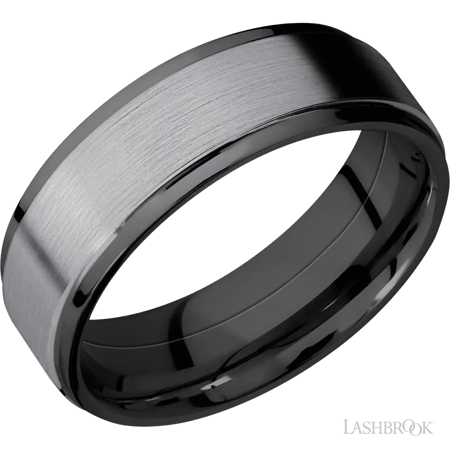 7 mm wide/Flat Grooved Edges/Zirconium band with one 5 mm Raised Centered inlay of Tantalum.