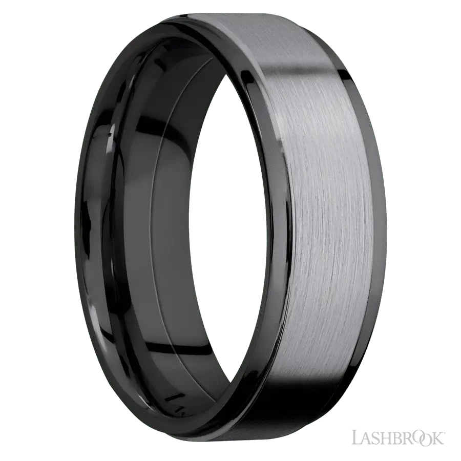 7 mm wide/Flat Grooved Edges/Zirconium band with one 5 mm Raised Centered inlay of Tantalum.