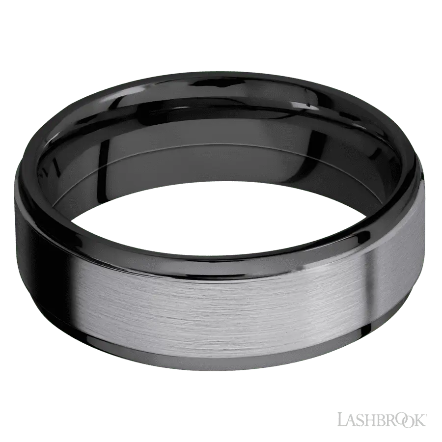 7 mm wide/Flat Grooved Edges/Zirconium band with one 5 mm Raised Centered inlay of Tantalum.