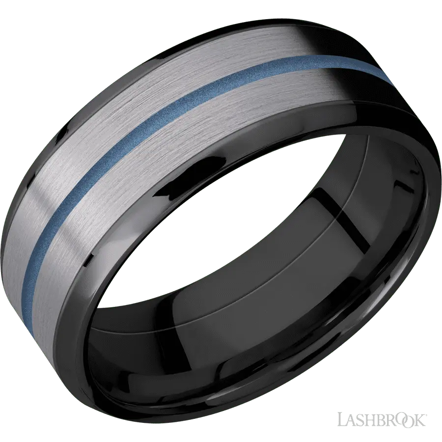 8 mm wide/Beveled/Zirconium band featuring inlays of Tantalum and Polar Blue.