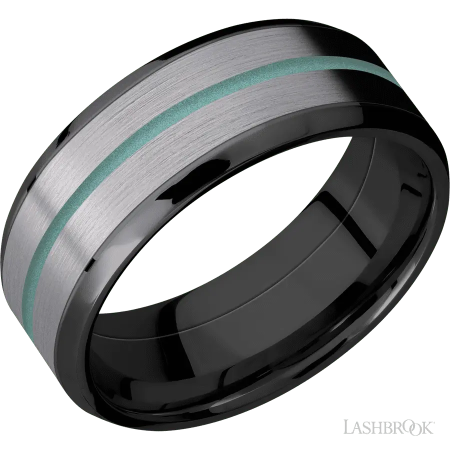 8 mm wide/Beveled/Zirconium band featuring inlays of Tantalum and Polar Blue. in Zirconium by Lashbrook | The Diamond Store L