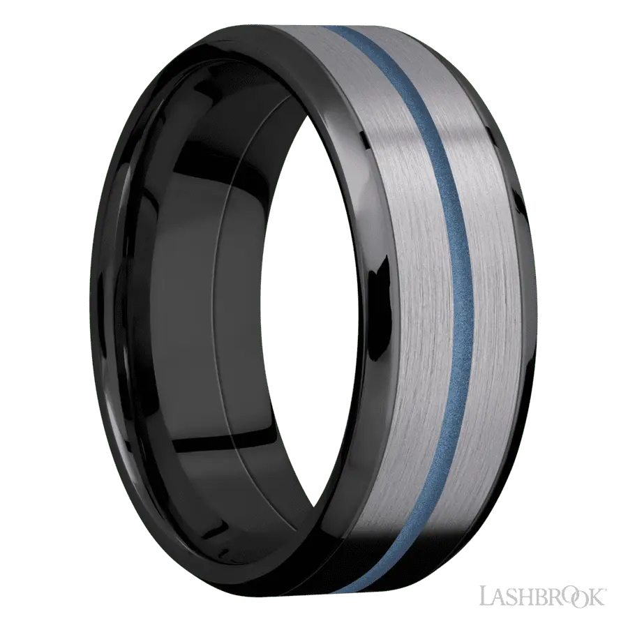 8 mm wide/Beveled/Zirconium band featuring inlays of Tantalum and Polar Blue.