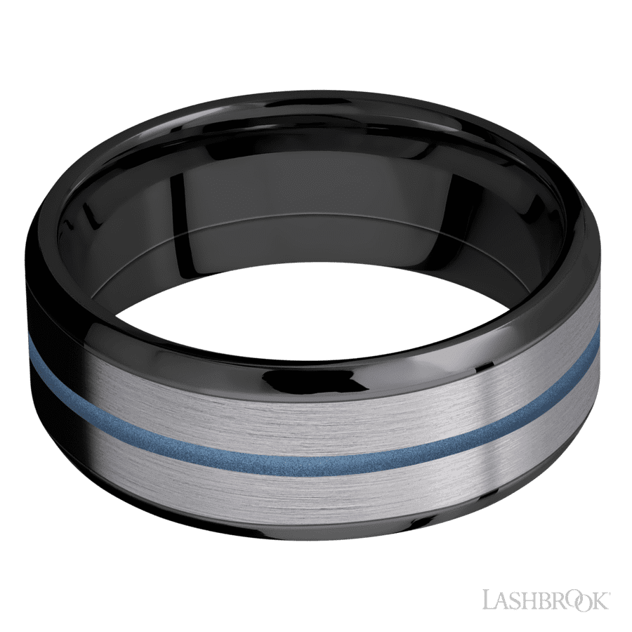 8 mm wide/Beveled/Zirconium band featuring inlays of Tantalum and Polar Blue.