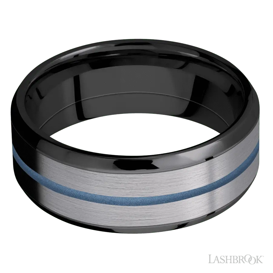 8 mm wide/Beveled/Zirconium band featuring inlays of Tantalum and Polar Blue.